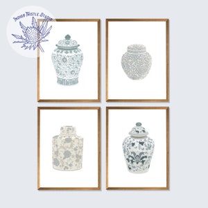 4er Set, Grüne Chinoiserie Blaue und Weiße Vasen - Preppy Wall Art - Traditionelle asiatische Vasendrucke - Chinoiserie Chic Dekor