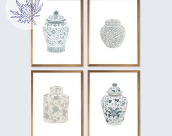 Ginger Jar Art, Set van 4, Groene Chinoiserie Blauwe en Witte Vazen - Preppy Wall Art - Traditionele Aziatische Vaas Prints - Chinoiserie Chic Decor