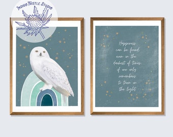 Snowy Owl Decor Prints | Happiness Can Be Found | Owl Nursery Blue | Wizard Nursery Wall Decor | Starry Nursery Wall Art | Owl Nursery Decor