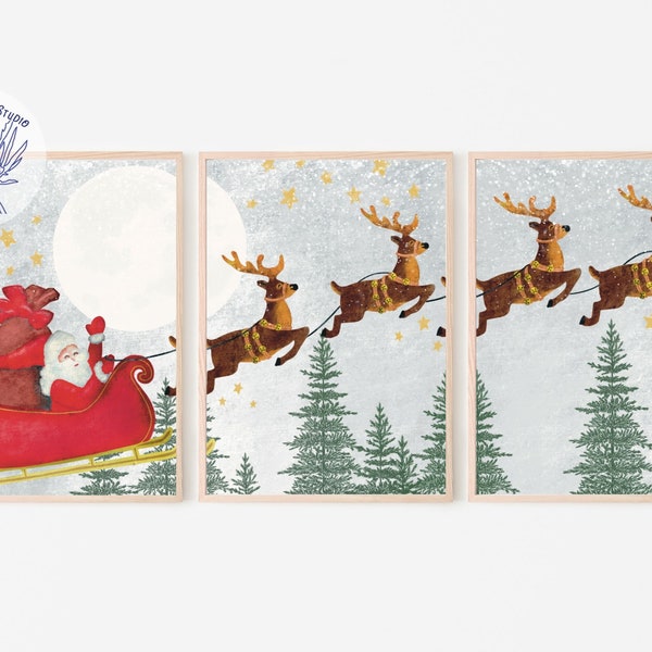 Gallery Set of 3 Christmas Santa Claus with a sleigh Prints, Reindeer Printable Home Decor, Christmas decorations, Christmas Wall Art Print