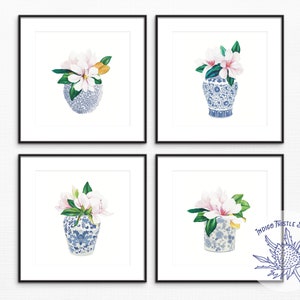 Ginger Jar Set of 4, Magnolia Botanical Prints, Blue and White Vases , Preppy Floral Wall Art, Asian Vase Prints, Chinoiserie Chic Decor