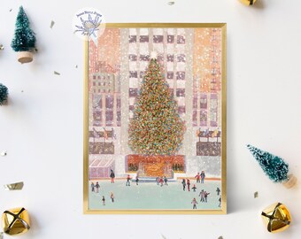 Christmas Tree Decor Art Print, Rockefeller Ice Skating Illustration, Christmas time NYC, Nutcracker Christmas, Christmas Art, Cute Holiday
