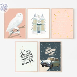 May include: Set of five printable wall art prints featuring Harry Potter themed illustrations. The prints include a snowy owl, a house with a blue door, a pink background with gold stars and text, a white background with gold stars and text, and a blue background with stars and a flying car.