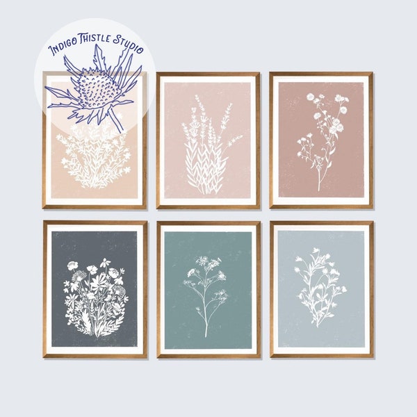 Botanical Print Set of 6, Farmhouse Gray Beige Botanical Prints, Cream Floral Prints, Living Room Decor, Gray Cream Blue Botanical Art