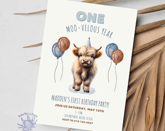Highland Cow Birthday Invite, Boho Cow, Holy Cow, Moovelous Year, Editable Invite, Any Age, Boho Minimalist, Template, Digital or Print