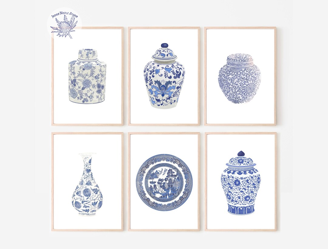 Ginger Jar Prints Set of 6, Chinoiserie Blue and White Vases, Blue