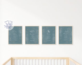 Children's Book Pages, Prints Blue Set of 4, Owl Nursery Prints, Wizard Kids Wall Decor, Potter Nursery Wall Art, Owl Nursery Decor