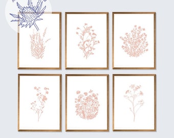 Láminas botánicas rústicas de granja, conjunto de láminas botánicas, láminas florales minimalistas, decoración de sala de estar, arte botánico en tonos rosa, láminas de flores silvestres