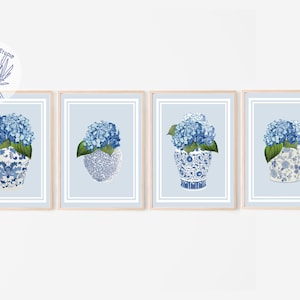 Hortensia bleu bleu clair, lot de 4, impressions botaniques, floral vintage, décoration côtière, art mural floral preppy, chinoiseries chic, pots de gingembre