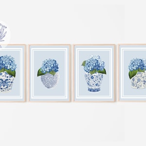 Blue Hydrangea Light Blue Set of 4, Botanical Prints, Vintage Floral, Coastal Decor, Preppy Floral Wall Art, Chinoiserie Chic, Ginger Jars