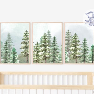 Adventure theme nursery, Nursery decor mountain, nursery wall art, tree nursery decor, forest, sage green, woodland animals, watercolor