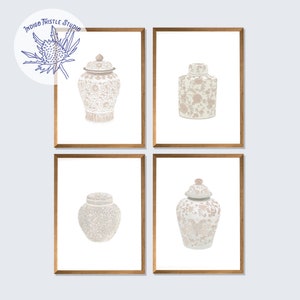 May include: Set of four printable art prints featuring white porcelain ginger jars with pink floral designs. The prints are framed in a light brown wood frame.