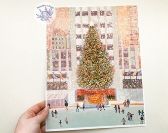 Christmas Tree Art Print, Rockefeller Ice Skating Illustration, Christmas time NYC, Nutcracker Christmas, Christmas Decor, Cute Holiday