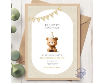Beary First Birthday Party Invitation, Baby Bear, Neutral Bear, Editable Invite, Any Age, Boho Minimalist, Template, Evite, Print or Email