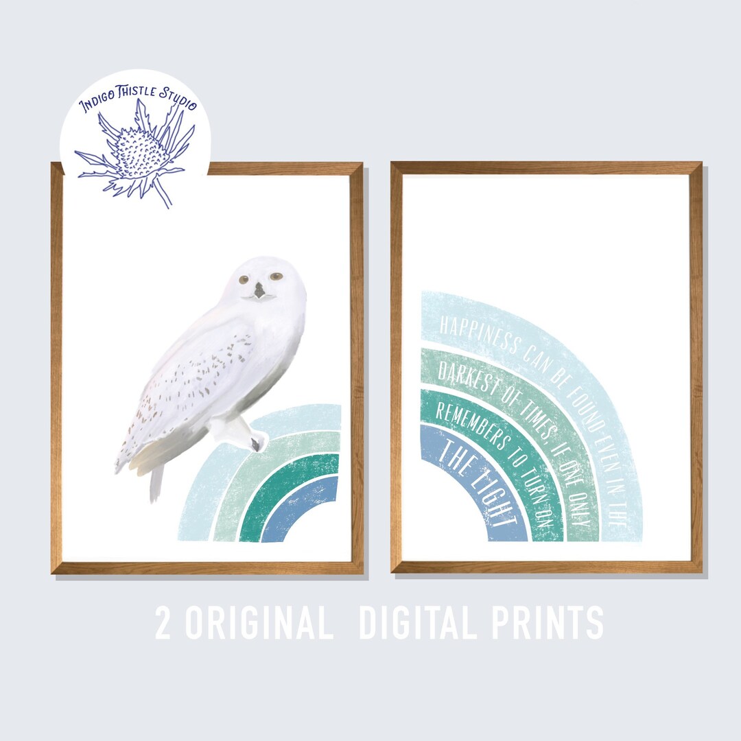 Snowy Owl Prints, Blue Nursery Wall Art, Happiness Can Be Found Quote ...