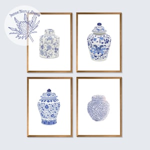 Ginger Jar Prints - Set of 4 - Chinoiserie Blue and White Vases - Preppy Wall Art - Traditional Asian Vase Prints - Chinoiserie Chic Decor