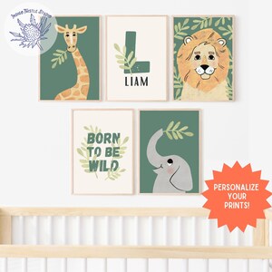 Safari Nursery Wall Prints, Name Print, Nursery Decor, Boho Nursery Prints, Set of 5 Prints, Sage Green Nursery Prints, Nursery Wall Art