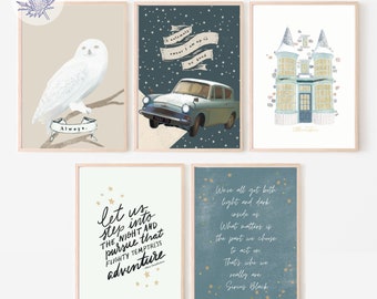 PRINTED Children&#39;s Book Posters Set of 5, Owl Nursery Prints, Gallery Wall Bundle, Potter Nursery Wall Art, Owl Nursery Decor