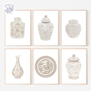 May include: Set of six printable art prints featuring white porcelain Chinese ginger jars, vases, and a plate with intricate floral and geometric designs. The prints are in a muted beige colour scheme.