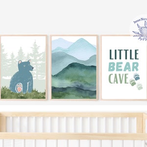 Little Bear Cave, Bear Nursery Art, Navy Bears Prints, Woodland Wall Art, Nursery Printable, Set of 3 Prints, Boho Nursery Decor, Adventure
