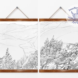 Mountain Landscape Art, Line Drawing Print Set of 2, Nursery Sign, Spring Meadow Drawing, Forest Drawing, Antique landscape print, Valley