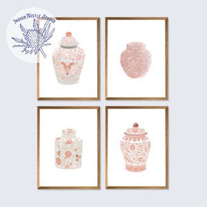 Chinoiserie Rosa und Weiße Vasen - Ingwer Jar Prints - 4er Set - Küsten Wandkunst - Traditionelle asiatische Vasendrucke - Chinoiserie Chic Dekor