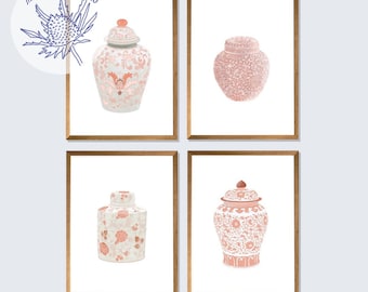 Chinoiserie Pink and White Vases - Ginger Jar Prints - Set of 4 - Coastal Wall Art - Traditional Asian Vase Prints - Chinoiserie Chic Decor