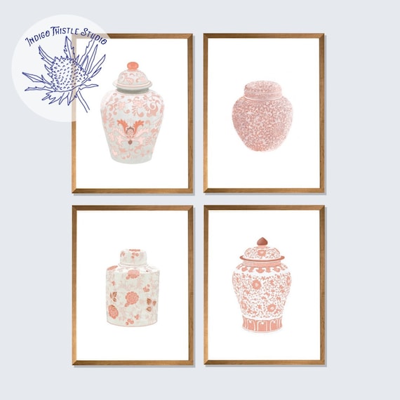 Watercolor Pink Chinoiserie Vases Art Set of 4 prints, Watercolor Pink