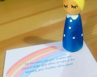 Bambola con pioli di legno Worry Doll, regalo e biglietto d&#39;auguri