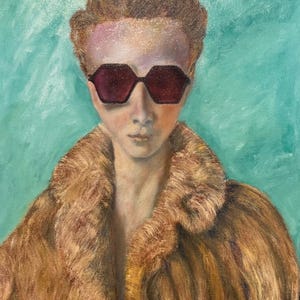 Pintura a óleo original/impressões disponíveis - Senhora com casaco de pele e óculos de sol