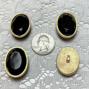 6 Vintage Metal Jet Black Rhinestone Buttons 28mm x 20mm