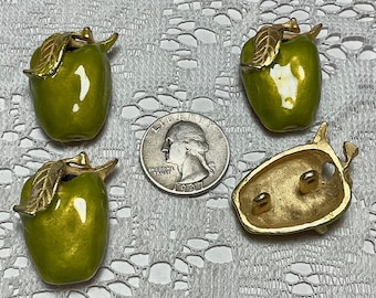 4 boutons vintage pomme verte en métal émaillé 35 mm x 24 mm