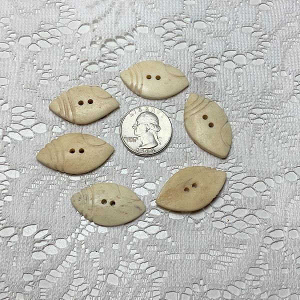 6 Vintage Hand Made 2 Hole Bone Buttons 34mm x 20mm