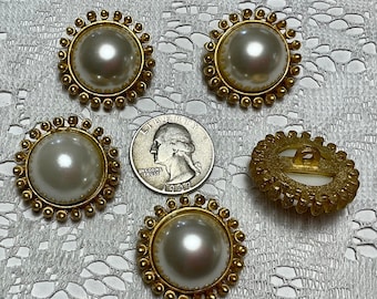 6 Vintage Metal With Lucite Pearl Cabochon Buttons 45 Ligne 28mm 1-1/8"