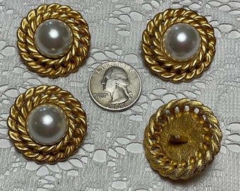 4 Vintage Metal Pierced Chain Design Buttons With Pearl Cabochon 50 Ligne 32mm 1-1/4"