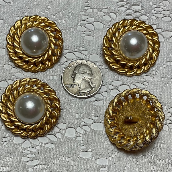 4 Vintage Metal Pierced Chain Design Buttons With Pearl Cabochon 50 Ligne 32mm 1-1/4"