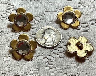 4 Vintage Metal Daisy Buttons With Glass Stone 36 Ligne, 15/16", 22.5mm