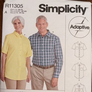 May include: Simplicity sewing pattern R11305 for adaptive shirts. The pattern features a yellow short-sleeve shirt and a plaid long-sleeve shirt. The design includes hook and loop closures for easy wear. The text "easy-to-sew" is visible.