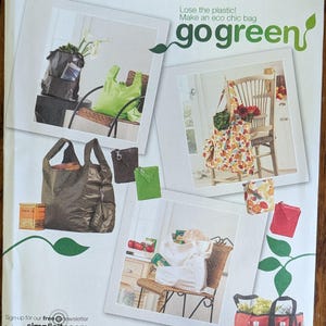 May include: A Simplicity sewing pattern envelope 2806 for eco-friendly bags. The white package features the text 'go green' and displays various bag styles including a brown tote, a lime green bag, a floral print bag, and a red multi-pocket bag.