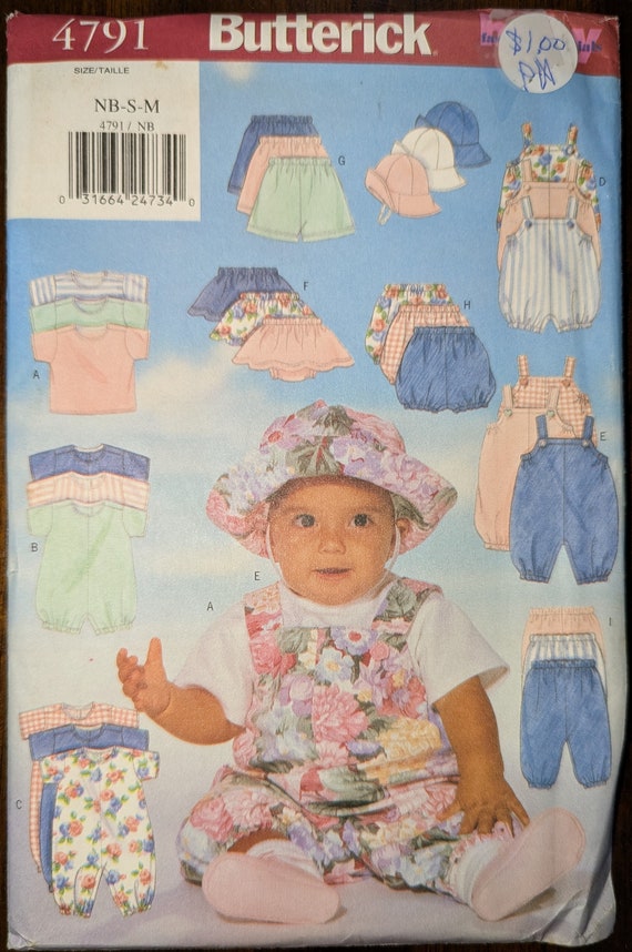 Uncut Butterick Sewing Pattern #4791 for Infants' T-Shirt, Romper, Jumpsuit, Skirt, Shorts, Pants & Hat. Sizes NB-S-Med. and Sizes L, XL.