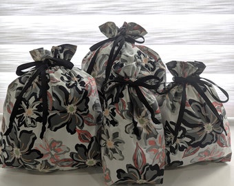 Eco-Friendly Floral Fully Lined Drawstring Fabric Gift Bags in 4 Sizes.  Birthday, Anniversary Gift Bags. Washable, Reusable, 100% Cotton.