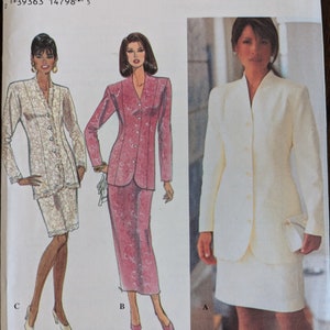 May include: A sewing pattern for a jacket and skirt set. The pattern is for sizes 12, 14, and 16. The pattern is from Simplicity and has the number 8732 on it. The pattern shows three different versions of the outfit, one in white, one in pink, and one in a floral print.