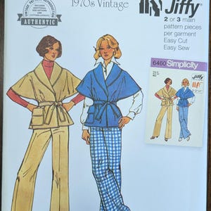May include: Simplicity sewing pattern R12176, a vintage 1970s design. The pattern features illustrations of two outfits: a tan jacket and pants ensemble, and a blue cape-style jacket with blue and white checkered pants. Includes size options.