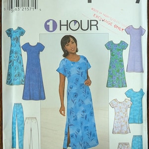 May include: Simplicity sewing pattern featuring a woman in a blue floral dress. The pattern includes various dress and pants designs. The text "1 HOUR" is visible, along with the brand name and size information.