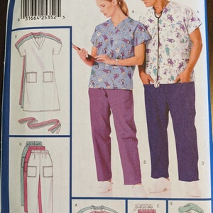 May include: A sewing pattern for a medical uniform, featuring a scrub top and pants. The pattern includes a variety of colors and styles, including a light blue scrub top with a purple pattern, a white scrub top with a green pattern, and a pink scrub top with a blue pattern. The pattern also includes a variety of pants, including white, green, and purple. The pattern is for sizes L and XL. The pattern number is 4946.