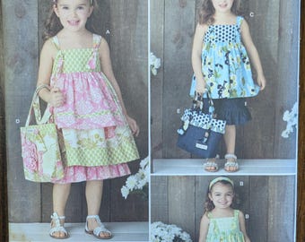 Uncut Simplicity Sewing Pattern #2171 for Child's Dress, Top, Pants, Bag and Hair Accessory. Sizes 3-8.