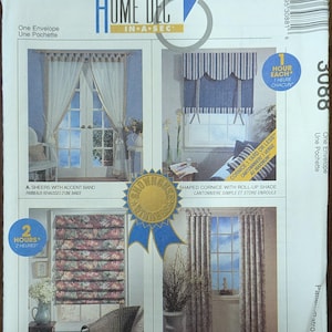 May include: A McCall's Home Dec sewing pattern envelope 3088 featuring four window treatment designs: sheer curtains with accent bands, a striped shaped cornice with a roll-up shade, a floral soft fold shade, and curtains with twist tabs.