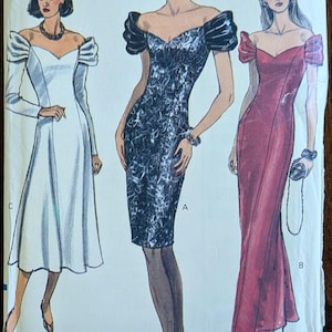May include: Vogue Patterns sewing pattern featuring three evening gowns. The designs include a white dress with long sleeves, a black and white patterned dress, and a red gown. The pattern size is 6-8-10.