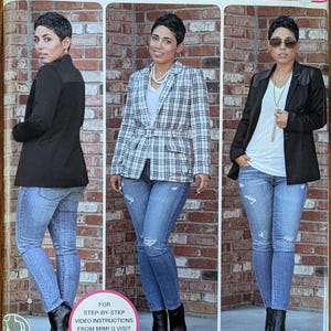 May include: A Simplicity sewing pattern envelope S0359 for a blazer, featuring Mimi G Style branding. The cover displays three views of a blazer in black and white plaid or solid black, paired with blue jeans, white shirts, and black ankle boots.