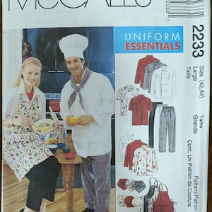 May include: McCall's sewing pattern 2233 for uniform essentials. The package features a photo of a chef and a woman wearing aprons. The pattern includes various uniform styles, including shirts, pants, aprons, and hats. Size Large (42,44).